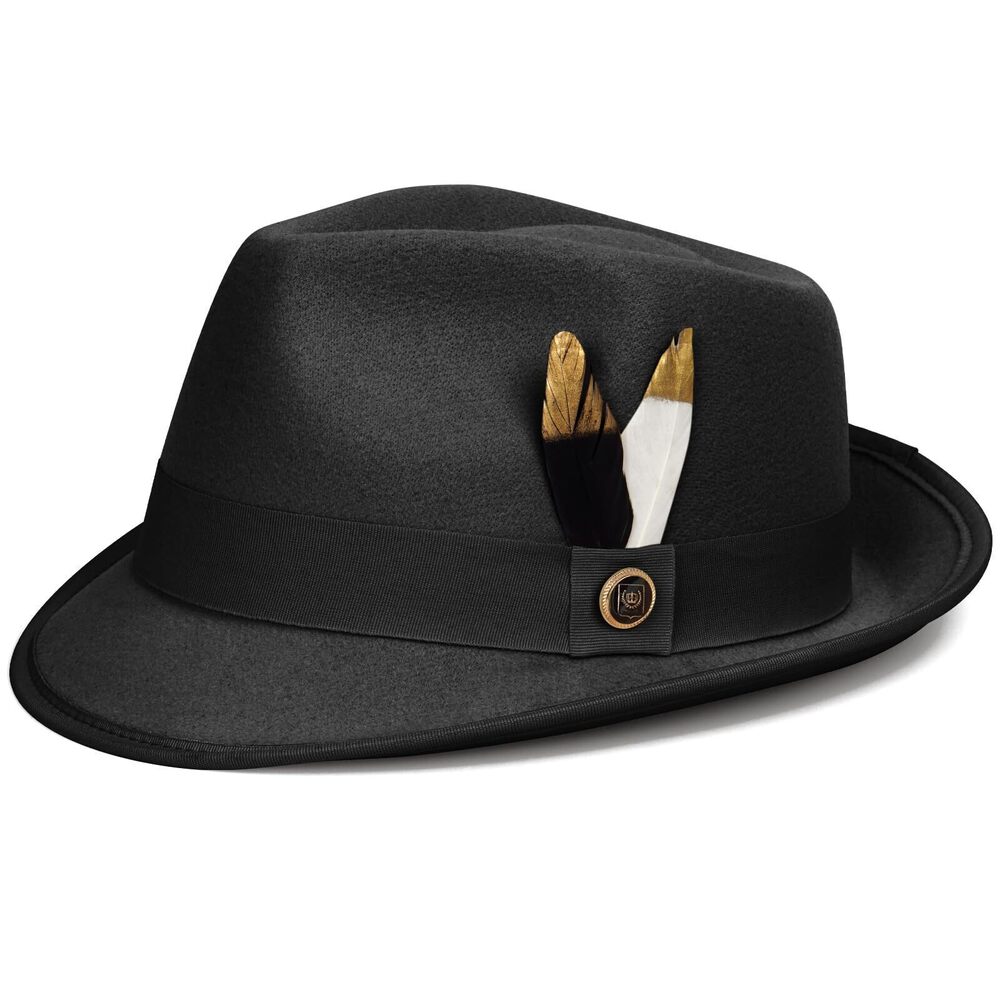 6459 Fedora Hats & Short Brim Felt Hat Trilby Fedora with Feather Panama